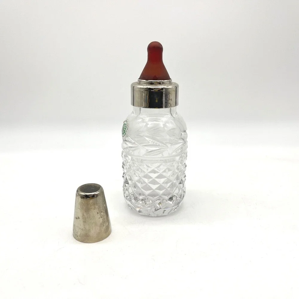 Galway Irish Crystal Baby Bottle Keepsake Diamond Cut Silver Tone Cap 5.5 Inch